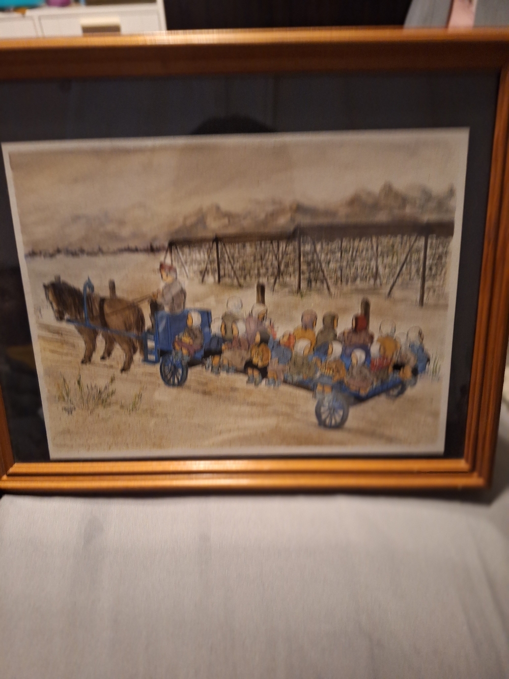 Vintage Framed Folk Art Print with Horse-Drawn Wagon